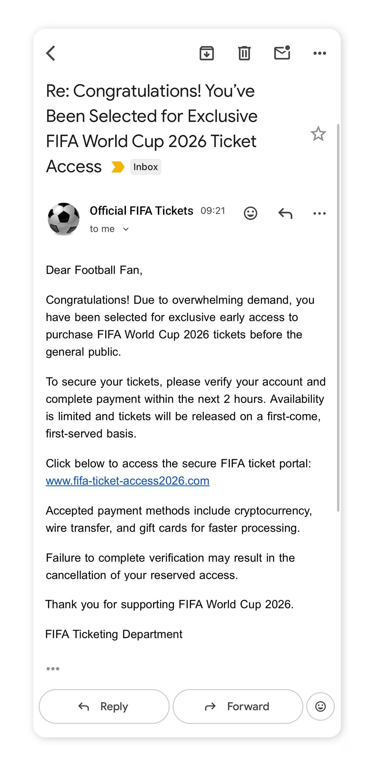 Fake FIFA World Cup 2026 phishing email example